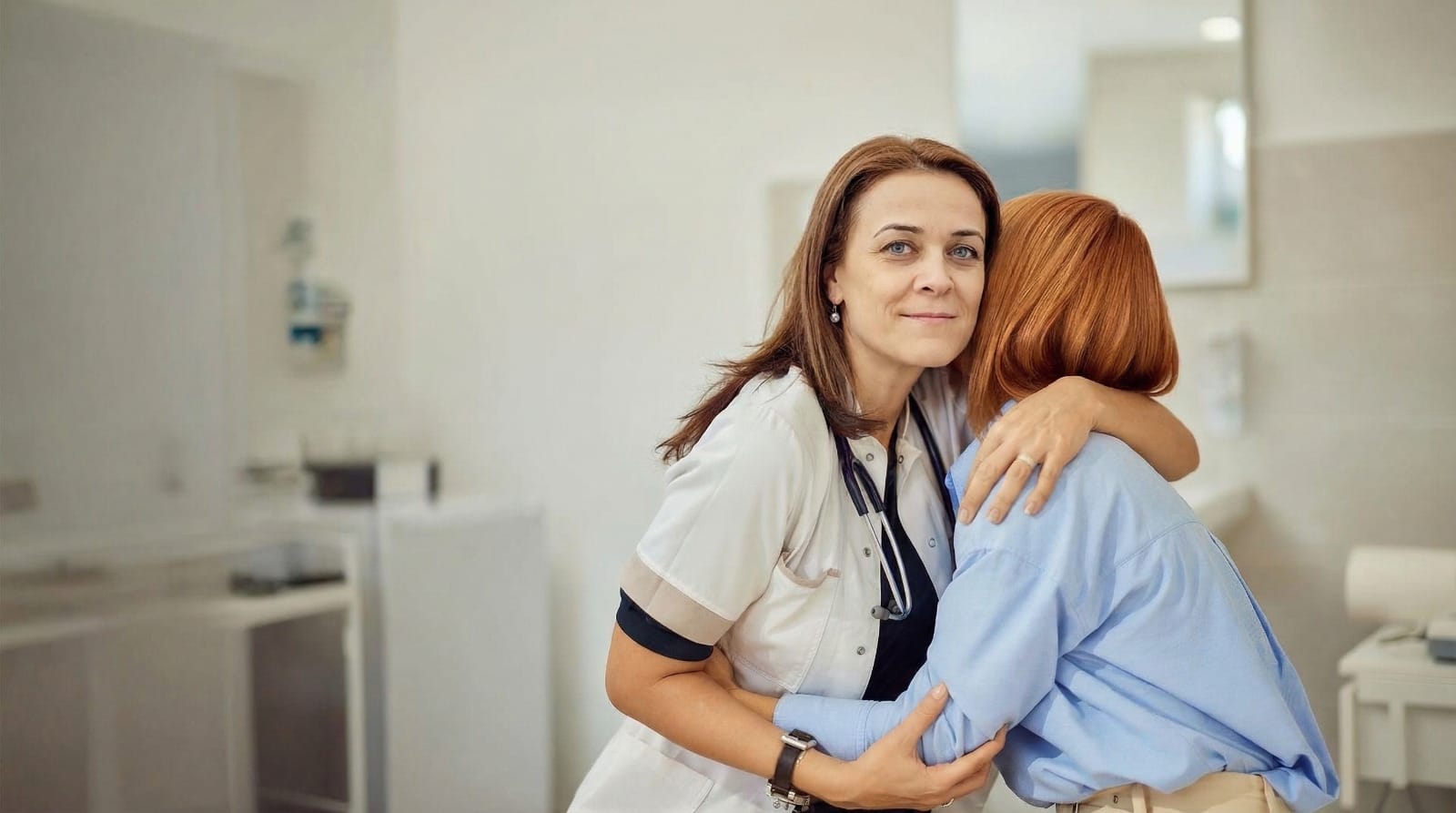 Dr. Amalia Botiș îmbrățișând o pacientă în Clinica Grama